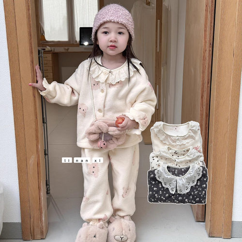 儿童睡衣秋冬季2025新款加绒加厚女童宝宝家居服套装韩版花边