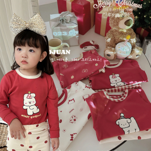 新年款~儿童男女童圣诞新年红色磨毛家居服宝宝秋冬秋衣内衣套装