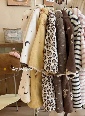 儿童家居服秋冬2025新款韩版条纹加厚浴袍半边绒男童女童亲子睡袍