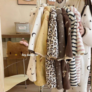 儿童家居服秋冬2025新款韩版条纹加厚浴袍半边绒男童女童亲子睡袍