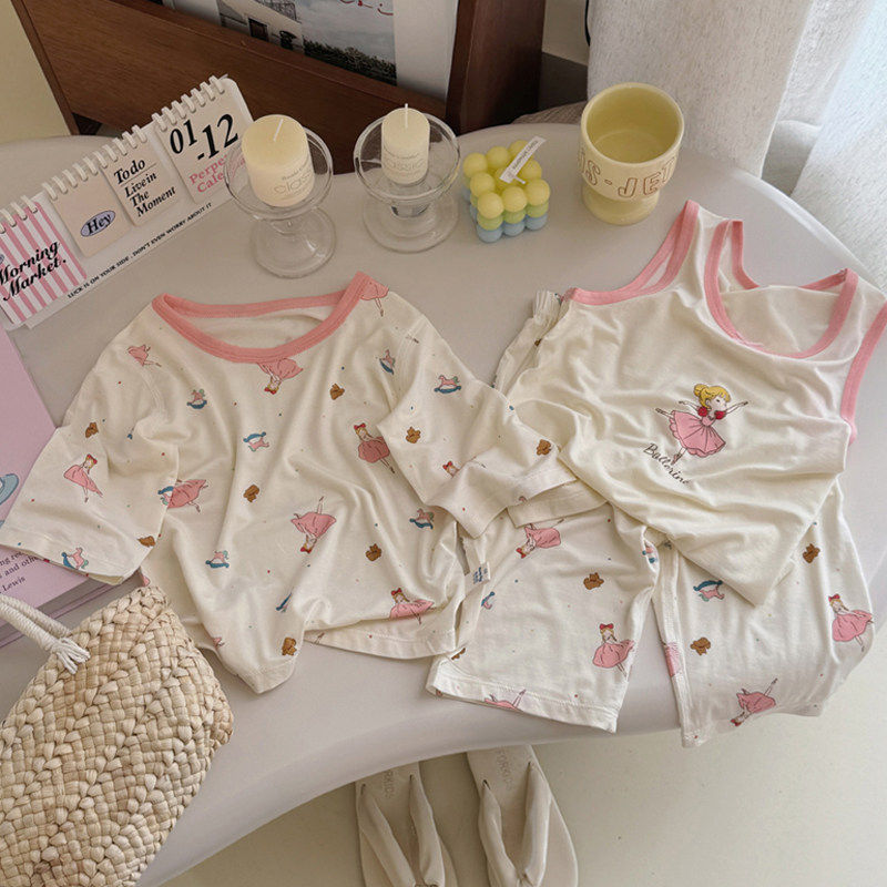 清仓 大小卷三件套儿童莫代尔背心七分袖家居服女宝宝套装睡衣