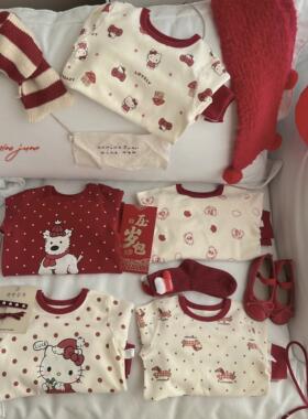 儿童家居服新年衣红色喜庆内衣女童睡衣纯棉保暖宝宝秋衣秋裤套装