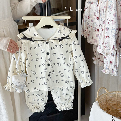 加绒保暖 女童新款秋冬加绒睡衣套装中小童保暖居家服韩系蝴蝶结