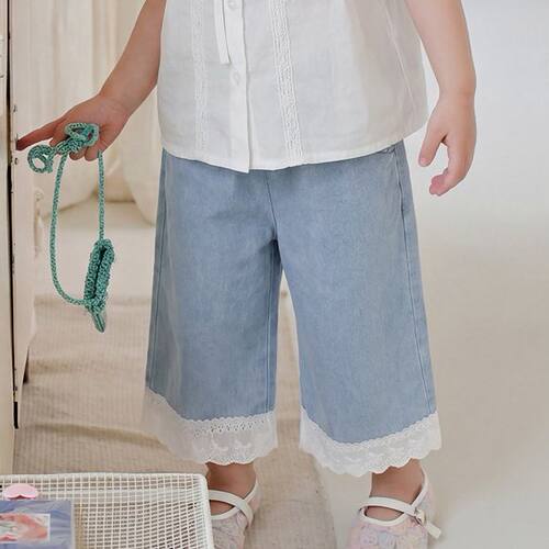 大小卷女童夏季天丝蕾丝边牛仔裤