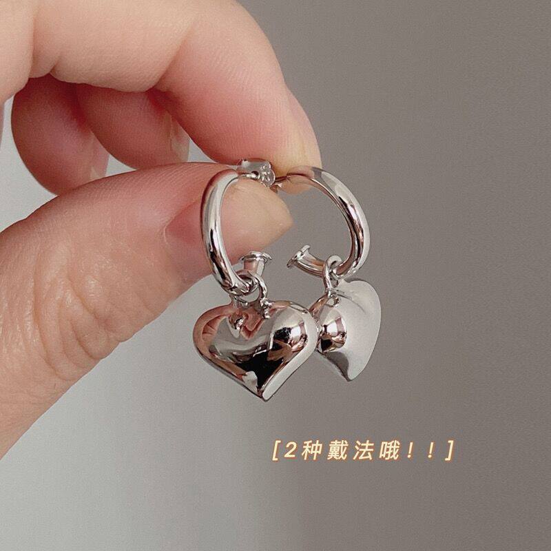 通体S925纯银砰砰爱心耳钉女桃心耳环气质小众2022网红多戴法耳饰