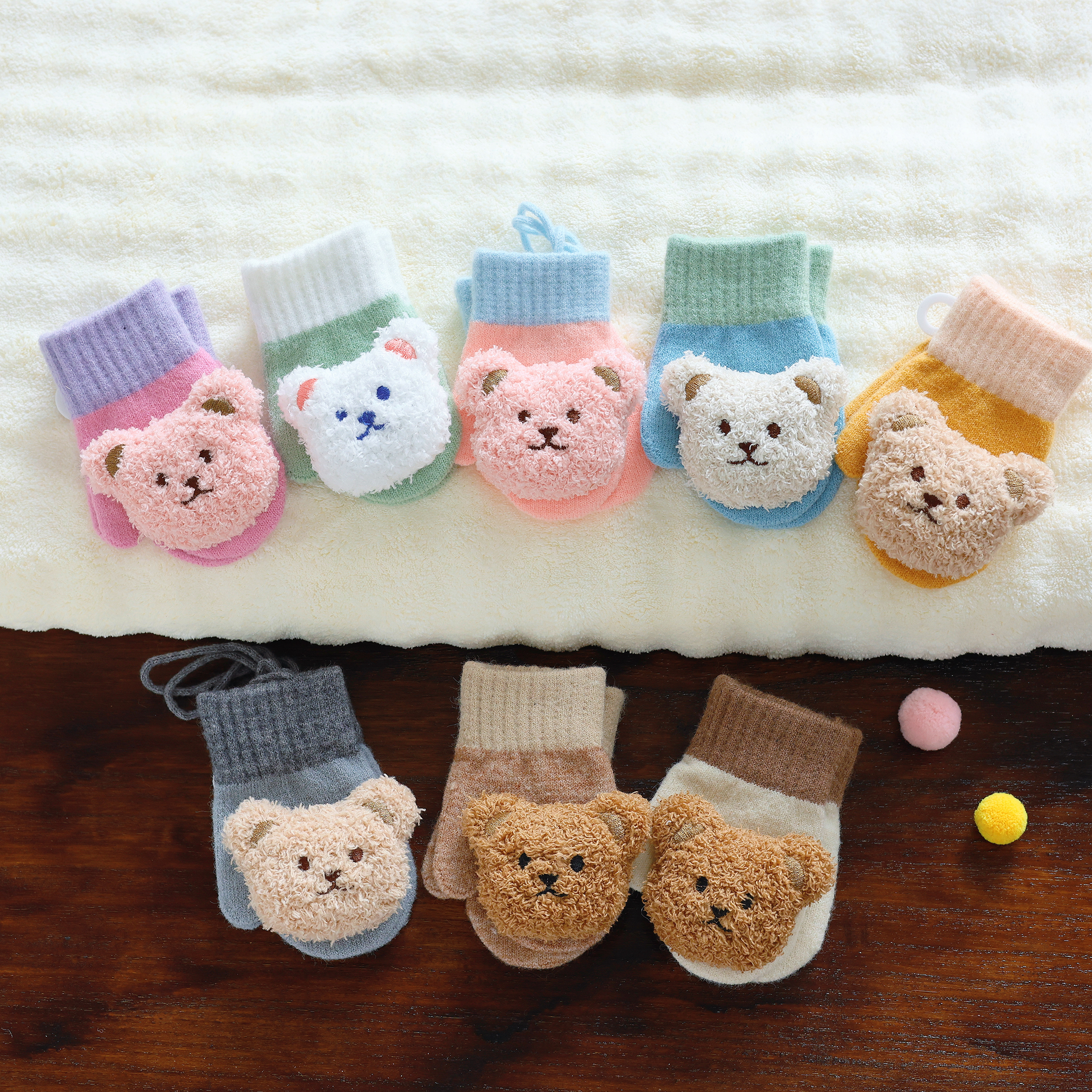 婴幼儿童保暖手套毛线秋季冬天小宝宝防风薄款男女童小孩新生挂脖