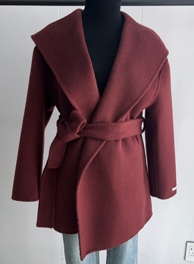 现货定制高克重面料封神双面羊毛秋冬白色斗篷大衣女系带毛呢外套