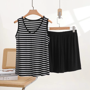 家居服百搭显瘦条纹睡衣两件套 宽松莫代尔无袖 V领背心短裤 女夏季