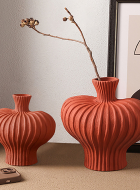 复古日式侘寂风禅意陶瓷花瓶摆件红色异形轻奢客厅插花水培花器白