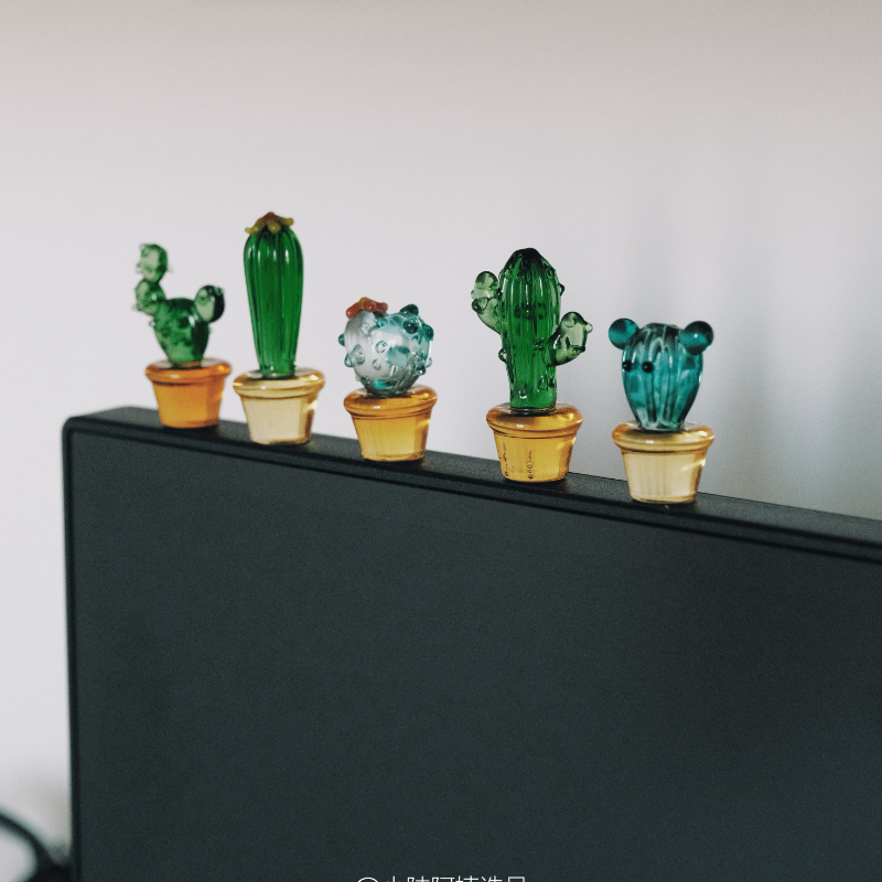 手工玻璃|仙人掌五件套 电脑摆件车内饰品中控台装饰显示器摆件