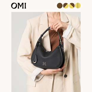 欧米OMI新款 百搭头层牛皮通勤荔枝纹手提包女士单肩包 hobo包时尚