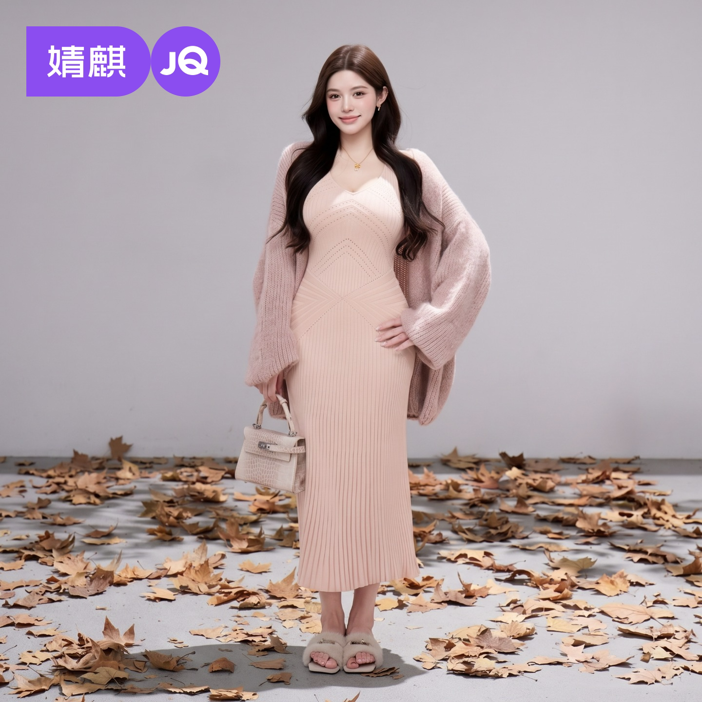 JQ婧麒大码温柔慵懒风针织连衣裙套装女秋季气质叠穿两件套修身