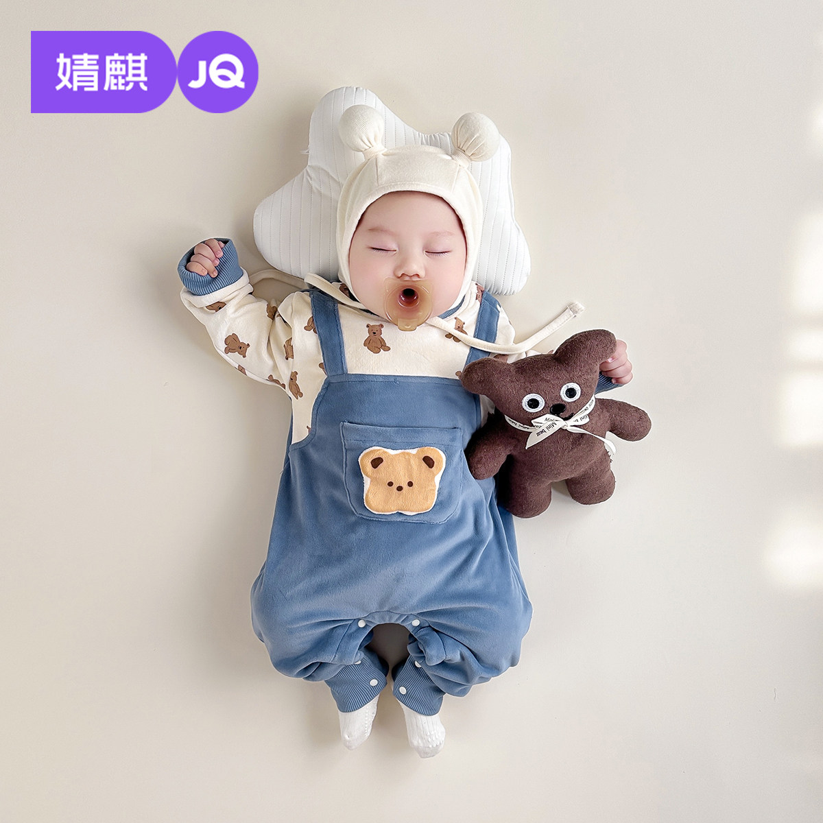 婧麒新生婴儿衣服冬季保暖海岛绒连体衣小月龄宝宝居家睡衣爬爬服