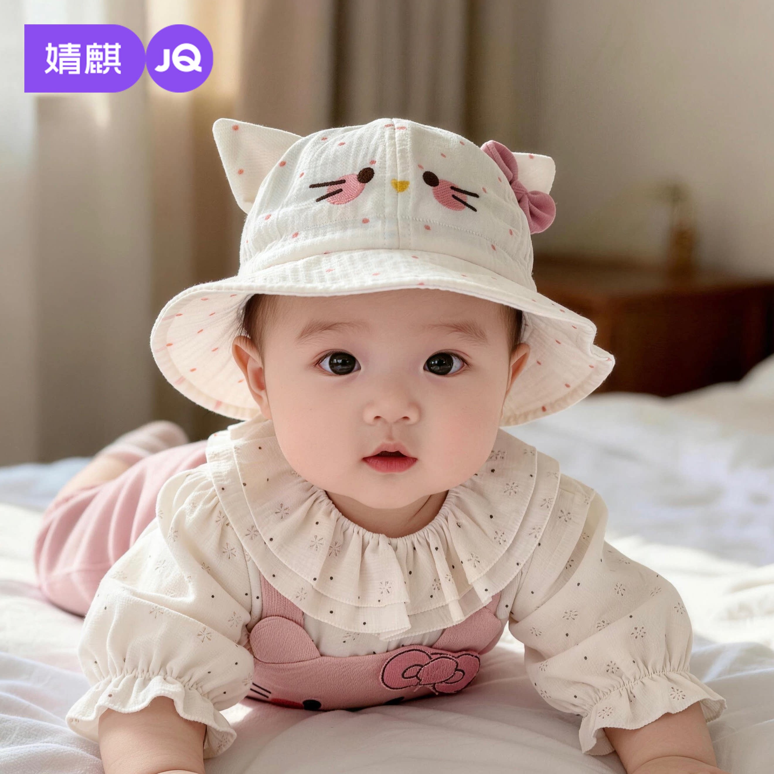 婧麒新生婴儿卡通渔夫帽男女宝宝遮阳防晒帽可调节小月龄外出帽子