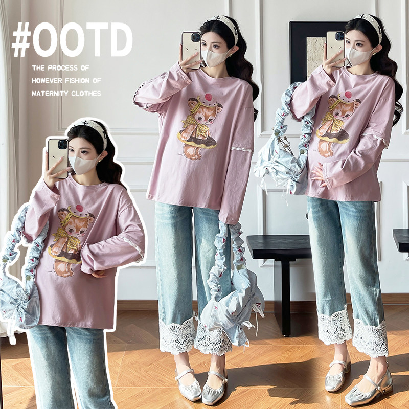 婧麒孕妇上衣春装2026新款长袖宽松甜美遮肚不显怀孕妈上衣春秋季