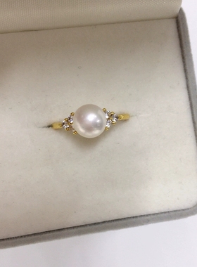 5A级高亮天然淡水珍珠馒头圆戒指18K包金微镶锆石简约款珍珠戒指