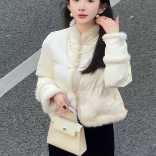 国风棉袄女冬季新款新中式盘扣水貂毛拼接立领羽绒棉服棉衣外套女