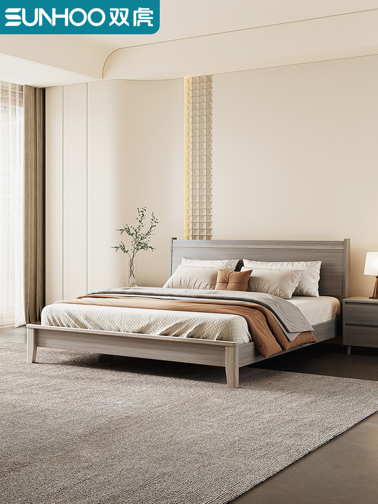 双虎实木床主卧现代简约白蜡木1.8米双人床卧室小房间省空间SM101