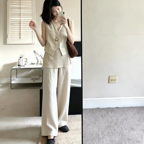 2026年新款韩版宽松蕾丝拼接马甲阔腿裤两件套
