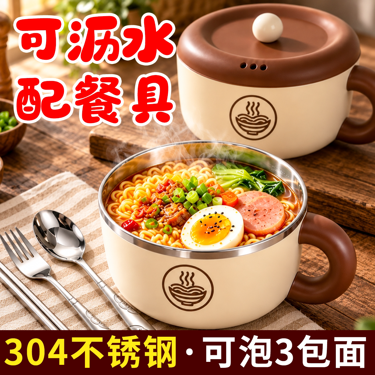 304不锈钢泡面碗带盖卡通学生宿舍拌面泡面神器食堂打饭碗筷套装