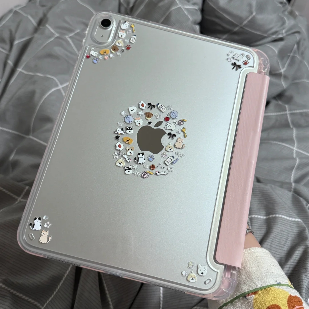 ins风时尚可爱卡通贴纸iPad11寸保护套2025新款Air6/7平板套ipad10代10.9英寸亚克力防弯摔带笔槽3+Y折保护壳