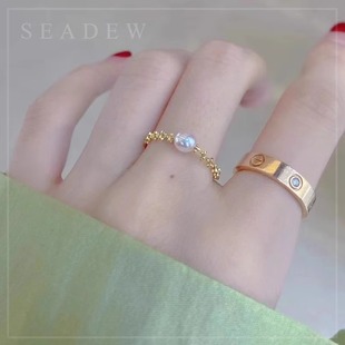 进口海水akoya灯泡珍珠戒指 阿古屋18K金蕾丝指环仙女戒调节无暇