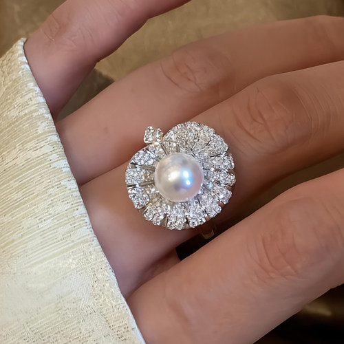 天然海水akoya珍珠戒指 法式复古设计款耳环套装高级感轻奢可调节