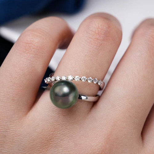 大溪地海水黑珍珠 双层设计款戒指戒托可调节开口指环 送礼带证书