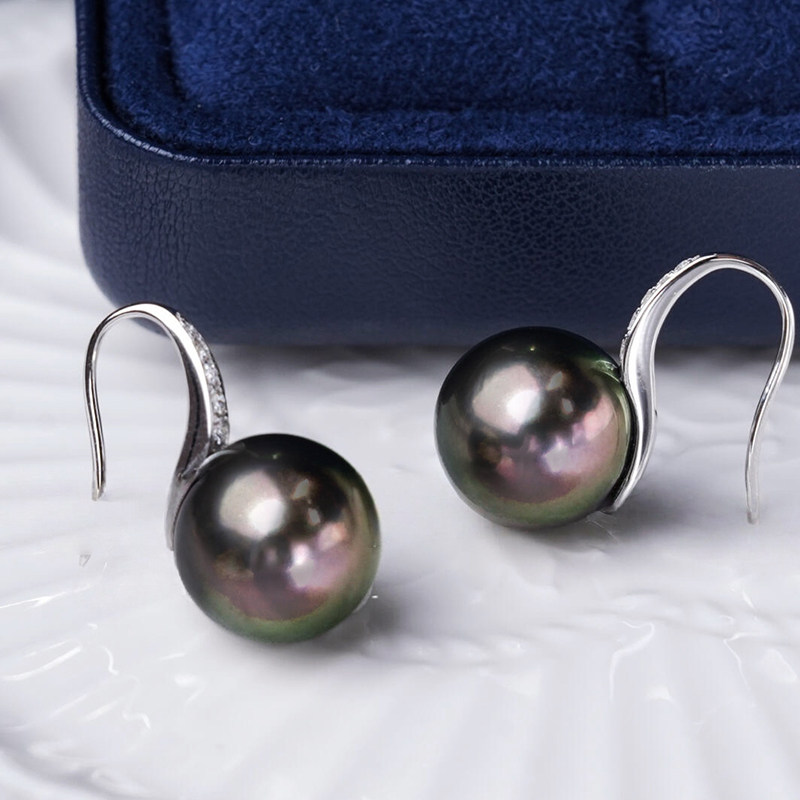 天然海水大溪地黑珍珠经典高跟鞋耳环饰耳钩圆强光珠宝首饰高级感