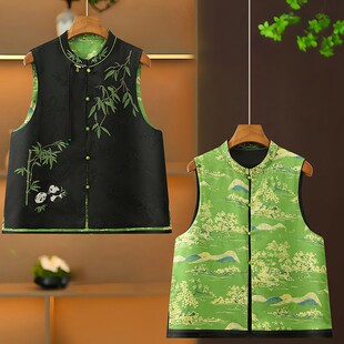 上衣开衫 胸有成竹 无袖 双面双穿提花老料女装 马甲马夹 黑绿色