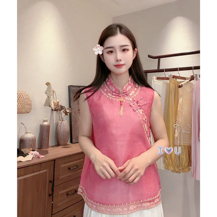 高级复古粉红色欧根纱马甲2026新中式刺绣马甲老钱风中年妈妈国风