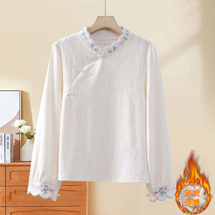 2025冬季新款新中式国风复古盘扣女士宽松显瘦百搭加绒刺绣打底衫