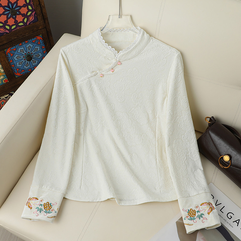 新中式复古立领刺绣衬衫女士春季新款长袖盘扣花边打底衫妈妈上衣,女装/女士精品,T恤,淘宝优惠券,粉丝福利购,淘宝优惠卷