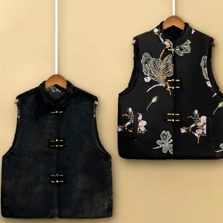 新中式秋冬双面双穿马甲国风绣花皮毛一体D加厚上衣马夹立领女款