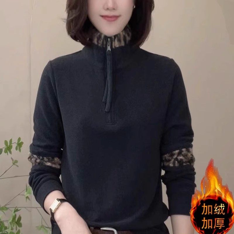 2025冬装保暖双面澳绒纯色T恤休闲女士半高领拉链运动长袖上衣