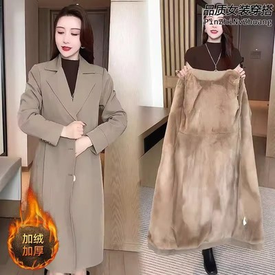 收腰中长款加绒加厚风衣外套冬季女高级感时尚洋气西装领保暖大衣