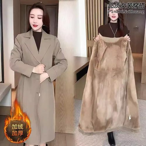 收腰中长款加绒加厚风衣外套冬季女高级感时尚洋气西装领保暖大衣