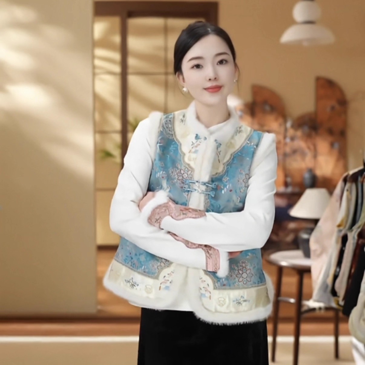 新中式国风盘扣毛领加厚夹棉马甲女2025秋冬毛拼接保暖背心坎肩q