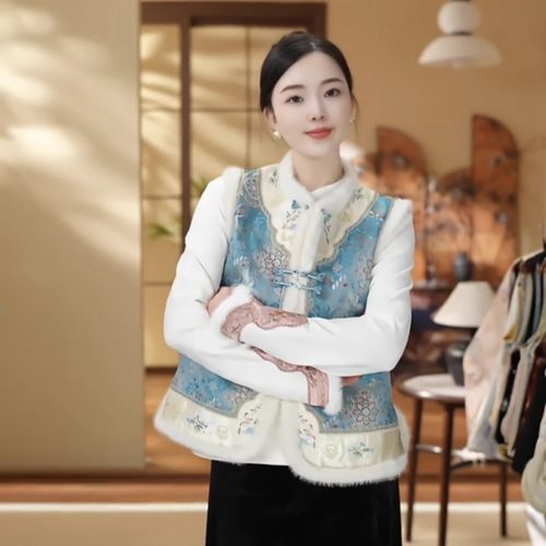新中式国风盘扣毛领加厚夹棉马甲女2025秋冬毛拼接保暖背心坎肩q