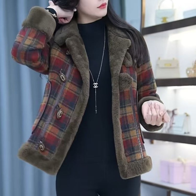 高端格子加绒加厚毛呢大衣女2025年秋冬新款妈妈皮毛一体短款外套