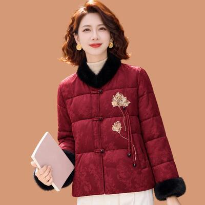 新中式妈妈秋冬棉衣外套本命年红色棉服中老年女冬装气质短款棉袄