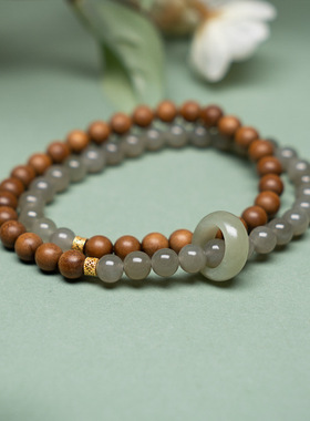 印度索尔老山檀香跑环双圈手串男女款手持跑环和田玉碧玉手链饰品