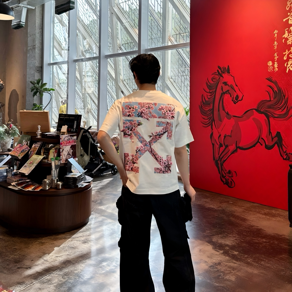 新款OFF樱花刺绣箭头情侣短袖T恤