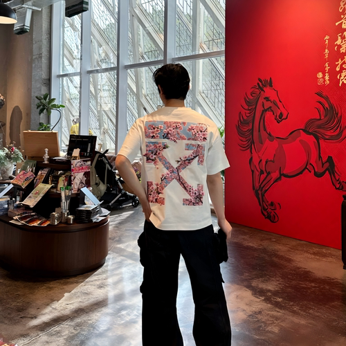 新款OFF樱花刺绣箭头情侣短袖T恤
