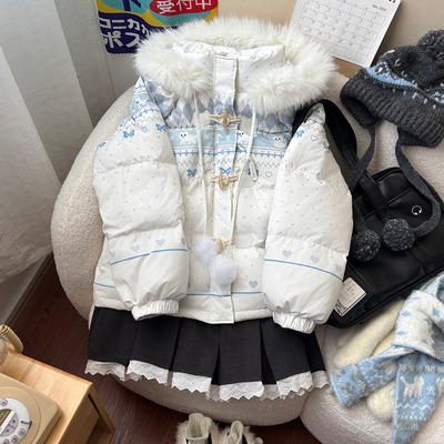布丁熊少女装费尔岛雪花小猫连帽毛领羽绒服女白色短款保暖外套