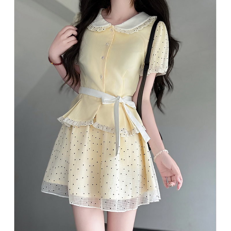 唤纱】布丁熊原创JK制服绿色娃娃领上衣女学院甜美风波点裙套装夏