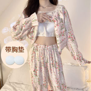 带胸垫睡衣女防凸点长袖春秋款纯棉薄款长裤可外穿夏季家居服套装