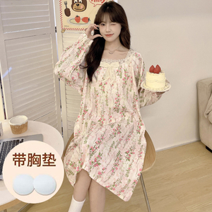 睡裙女带胸垫纯棉长袖睡衣2024新款春秋季孕妇中长款连衣裙家居服