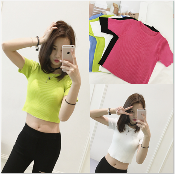 Spring and summer new short sleeve T-shirt women's round neck Korean slim solid color T-shirt tights