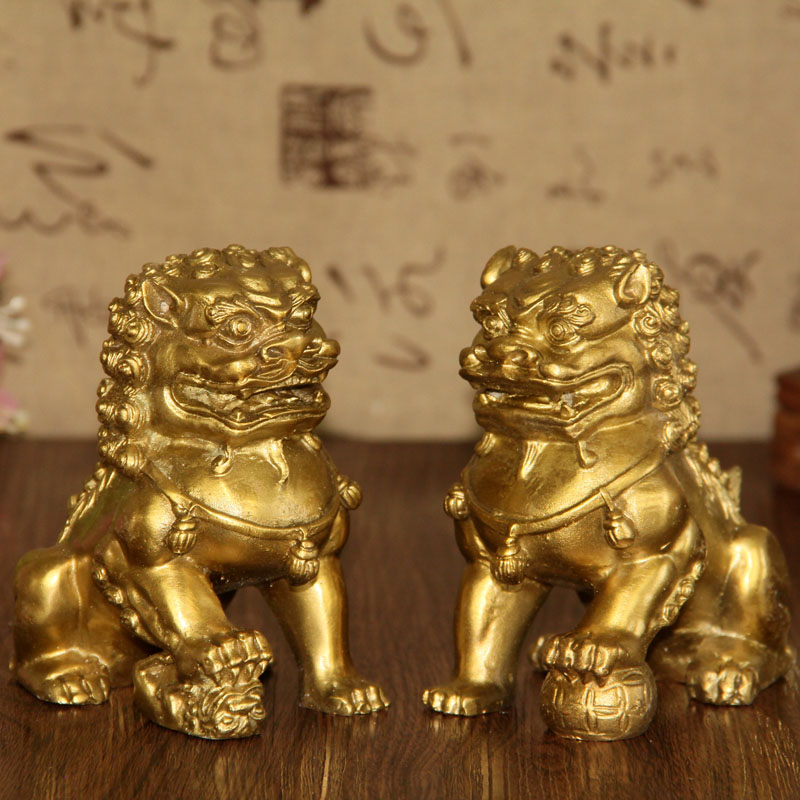 益鼎贵纯黄铜宝狮腾云铜宫门狮子摆件家居办公摆设